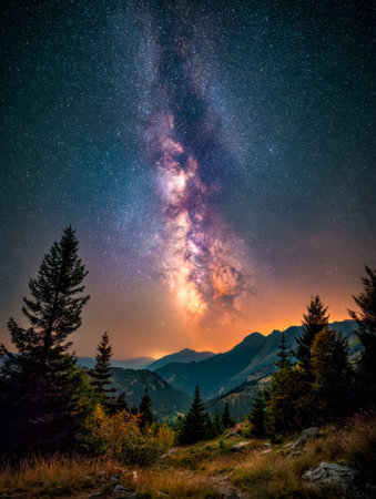 A breathtaking night scene showcasing the shimmering galaxy arching above rugged mountain peaks,...