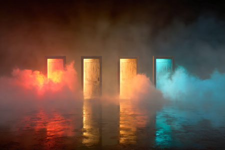 Enigmatic portals bathed in azure and amber glow, veiled in thick mist with shimmering reflections,...