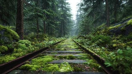 Rusted rails vanish into dense greenery, revealing a forgotten path nestled within vibrant woodland...