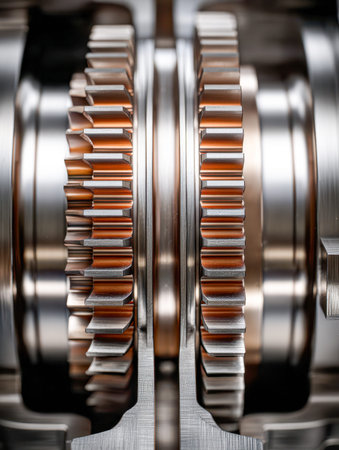 Interlocked shiny metal cogs reveal intricate craftsmanship, highlighting engineering precision within a high-performance mechanical system.の写真素材