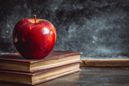 A vivid red fruit crowns two aged leather-bound books on a rustic wooden surface, set against a...