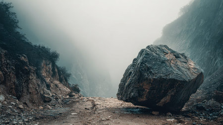 A massive, weathered stone sits amid jagged cliffs, shrouded in a ghostly haze that enhances the...