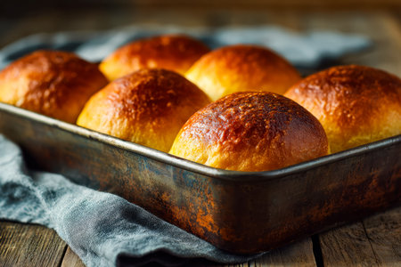 Warm, golden-brown rolls nestled in a vintage metal container evoke a cozy kitchen ambiance perfect for breakfast spreads or bakery displays.の写真素材