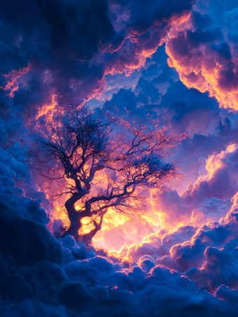 A luminous sunset bathes a lone tree in fiery hues, set against a backdrop of swirling, dramatic...