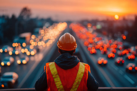A vigilant construction professional surveys a bustling urban roadway illuminated by a fiery sunset,...