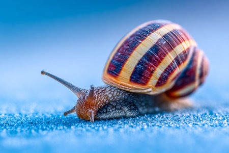 A vibrant, striped mollusk gracefully explores a rough, patterned terrain, its glossy shell...