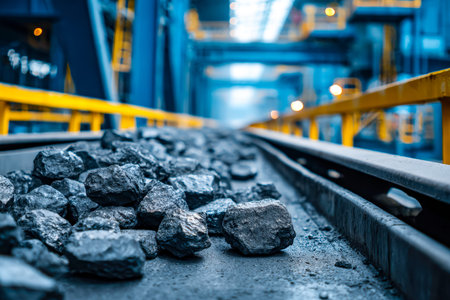 A bustling factory environment featuring dark coal heaps and intersecting railway lines,...
