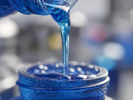 A vivid stream of azure liquid cascades into a frosty, textured glass vessel, its surface veiled in...