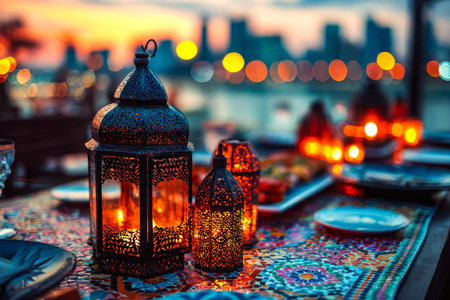 Warm glowing lanterns sway gently above a lively alfresco feast, casting a magical glow as the sun...