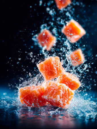 Vibrant icy fruit pieces burst into clear water, capturing lively splashes and fluid motion that evoke freshness and energetic vitality.の写真素材