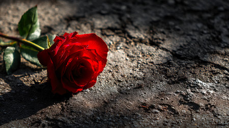 A lone crimson blossom rests on a rugged, shadowed earth surface, illuminated by intense light that enhances its delicate petals and stark surroundingの写真素材