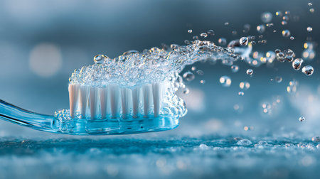 A vivid blue toothbrush with glistening water droplets cascading over its bristles, set against a softly blurred pastel blue backdrop, emphasizing freshness and cleanliness.の写真素材