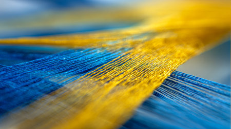 A lively blend of azure and gold strands coalesce into a complex, tactile mosaic, evoking skilled...