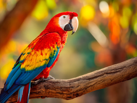A strikingly vivid bird with brilliant red, blue, and yellow plumage rests gracefully on a slender...