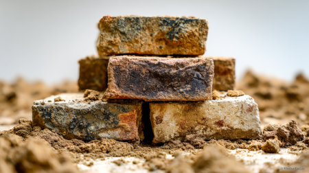 A detailed view of aged, textured bricks resting on earthy soil, capturing timeworn surfaces and the natural, rustic environment they inhabit.の写真素材