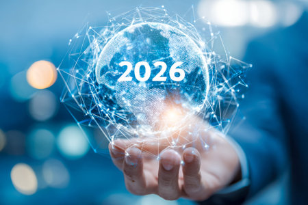 A futuristic hand cradle a glowing digital sphere marked 2026, adorned with interconnected luminous...