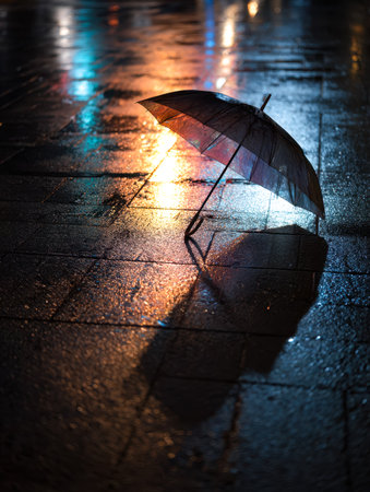 A solitary umbrella lies overturned on glistening cobblestones under a dim streetlamp, casting shimmering reflections on the wet surface amidst a quiet, misty night scene.の写真素材