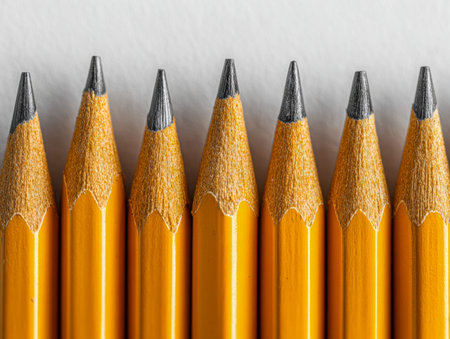 A precise arrangement of vibrant yellow pencils with sharpened graphite points, perfectly aligned...