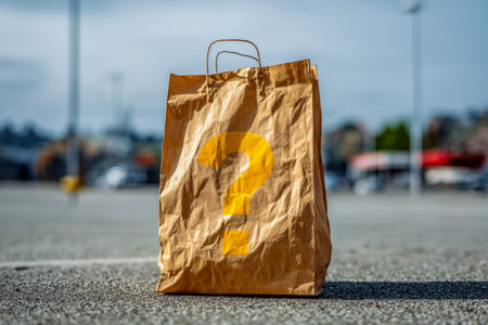 A forgotten paper bag featuring a vivid yellow question mark, resting amidst a softly blurred...