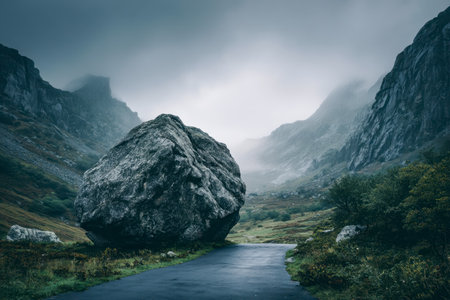 Towering peaks surround a lush green valley featuring a massive stone and a serpentine road, beneath a brooding, overcast sky creating a serene atmospの写真素材