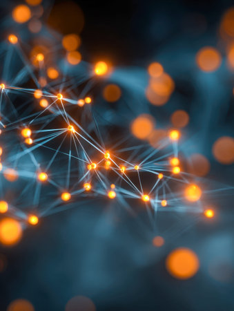 A vibrant digital mosaic featuring luminous orange and blue points linked by glowing lines,...