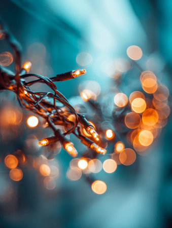 Soft, amber-hued bulbs twinkle gently, casting a comforting glow amid a serene blue backdrop,...
