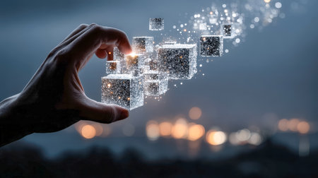 A hand interacts with luminous 3d holographic blocks and floating particles, embodying cutting-edge digital progress over a softly focused cityscape aの写真素材