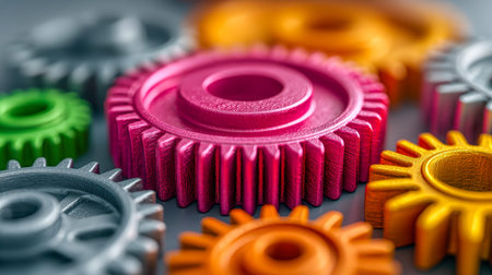 Vibrant interwoven gears nestled on a surface, showcasing precision engineering and seamless collaboration within complex, interconnected machinery.の写真素材