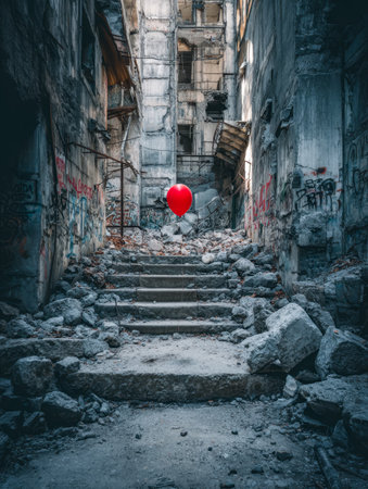 A lone crimson sphere drifts through a decayed cityscape, contrasting vibrant hope against crumbling masonry and rusted remnants of an abandoned alley.の写真素材