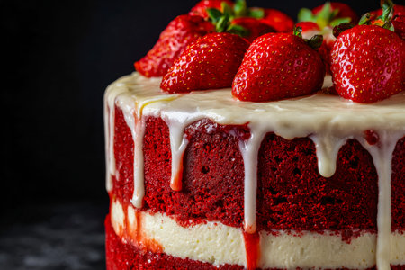 A luxurious layered cake featuring deep crimson velvet, adorned with ripe strawberries and a silky,...