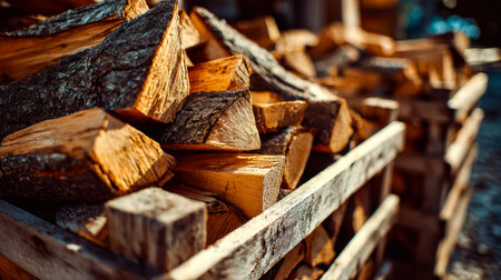 Sun-kissed logs arranged outdoors, their rough textures and natural grains illuminated by golden light, evoking cozy autumn evenings and rustic charm.の写真素材