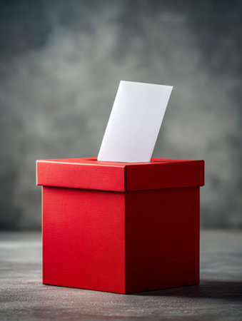 A vibrant red container stands prominently on a textured background as a blank white slip is carefully placed inside, illuminated by shadowed lighting against a soft, outの写真素材