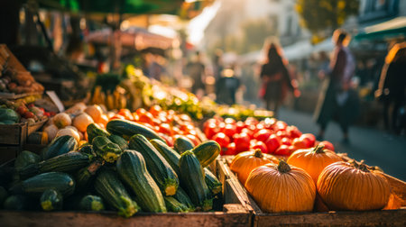 Vibrant outdoor market stall with colorful pumpkins, zucchinis, and ripe tomatoes, creating a lively, fresh produce showcase for shoppers.の写真素材