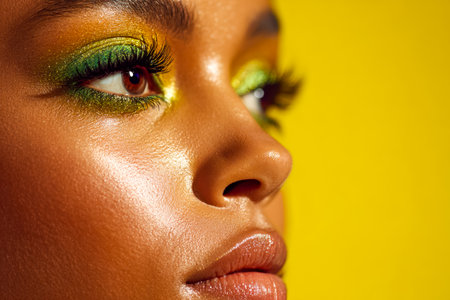 A striking portrait showing bold green and yellow eye shadows, radiant skin, and a vivid yellow backdrop that highlights fashion-forward beauty and self-expression.のeditorial素材