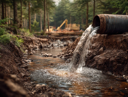 A flexible pipe discharges a steady stream of water into a lush forest stream amid ongoing construction, highlighting environmental impact and engineeの写真素材