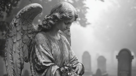 A tranquil stone angel perched in silence amid foggy graveyard grounds at daybreak, evoking peace, reflection, and eternal rest.の写真素材