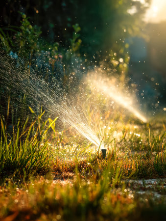 Sunlit scene of a garden spray dispersing liquid over lush green turf, creating a refreshing...