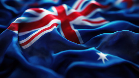 A detailed view of vibrant Australian textile featuring iconic symbols and patriotic hues, perfect for celebrating national pride and cultural events.の写真素材