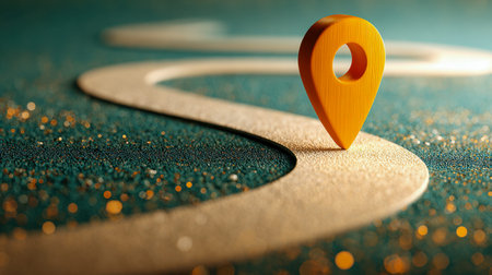 A vibrant orange pin marks a curving trail amidst an abstract, textured terrain illuminated by soft glowing accents, capturing themes of exploration and directional growtの写真素材