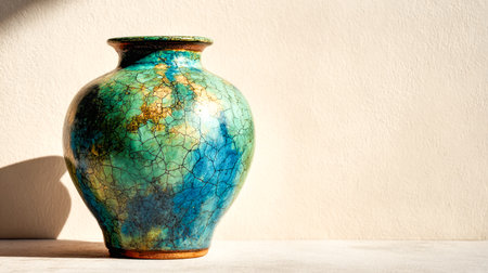 A striking ceramic vessel showcases a textured, crackled surface in lively shades of emerald and cobalt, perfect for adding an artistic touch to home decor or floral arrangemeの写真素材