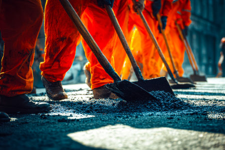 Skilled workers lay fresh asphalt under bright daylight, expertly transforming the roadway with machinery and teamwork, creating a smooth surface for drivers.の写真素材
