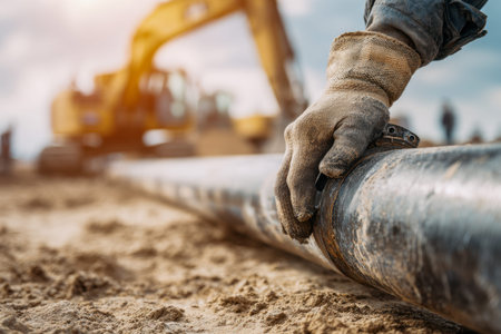 A technician's protective glove examines a massive pipeline amid a construction zone, with...