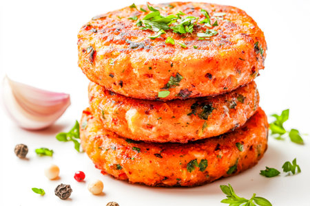 Juicy salmon bites with aromatic herbs, bright green garnishes, and an inviting array of spices and...