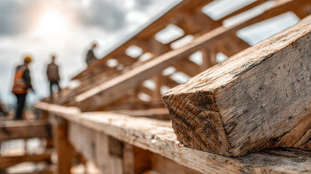 Focus on sturdy wooden framing as laborers in protective attire work amid a luminous, overcast sky,...