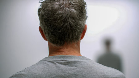 A contemplative middle-aged man with gray hair stands against a stark white wall, with a hazy...