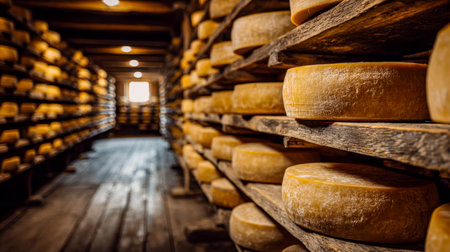 Dimly lit cellar with aged cheese wheels resting on weathered wooden racks, creating a rustic, aromatic space full of tradition and flavor potential.の写真素材