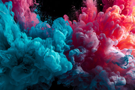 Bright, swirling ink formations burst vividly across a dark backdrop, creating a mesmerizing display of luminous color and dynamic movement.の写真素材