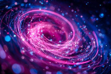 Dynamic neon streams intertwine in a radiant dance, creating a mesmerizing cosmic tapestry of vivid pinks and blues against a dark backdrop.の写真素材