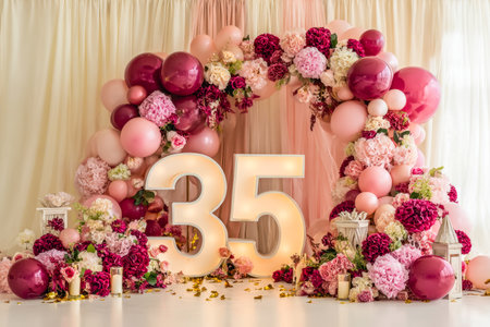 A sophisticated display of lush blooms surrounds a glowing numeral '35', creating a stylish and festive atmosphere perfect for marking special milestones with grace.の写真素材