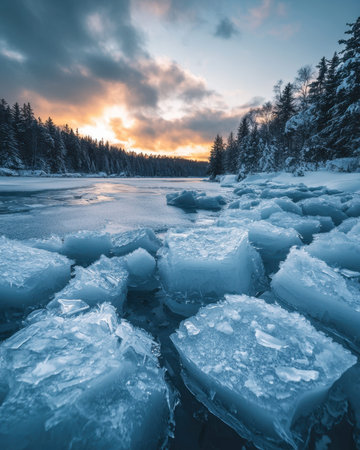 A serene winter scene featuring a shimmering icy lake bordered by snow-laden trees, illuminated by...